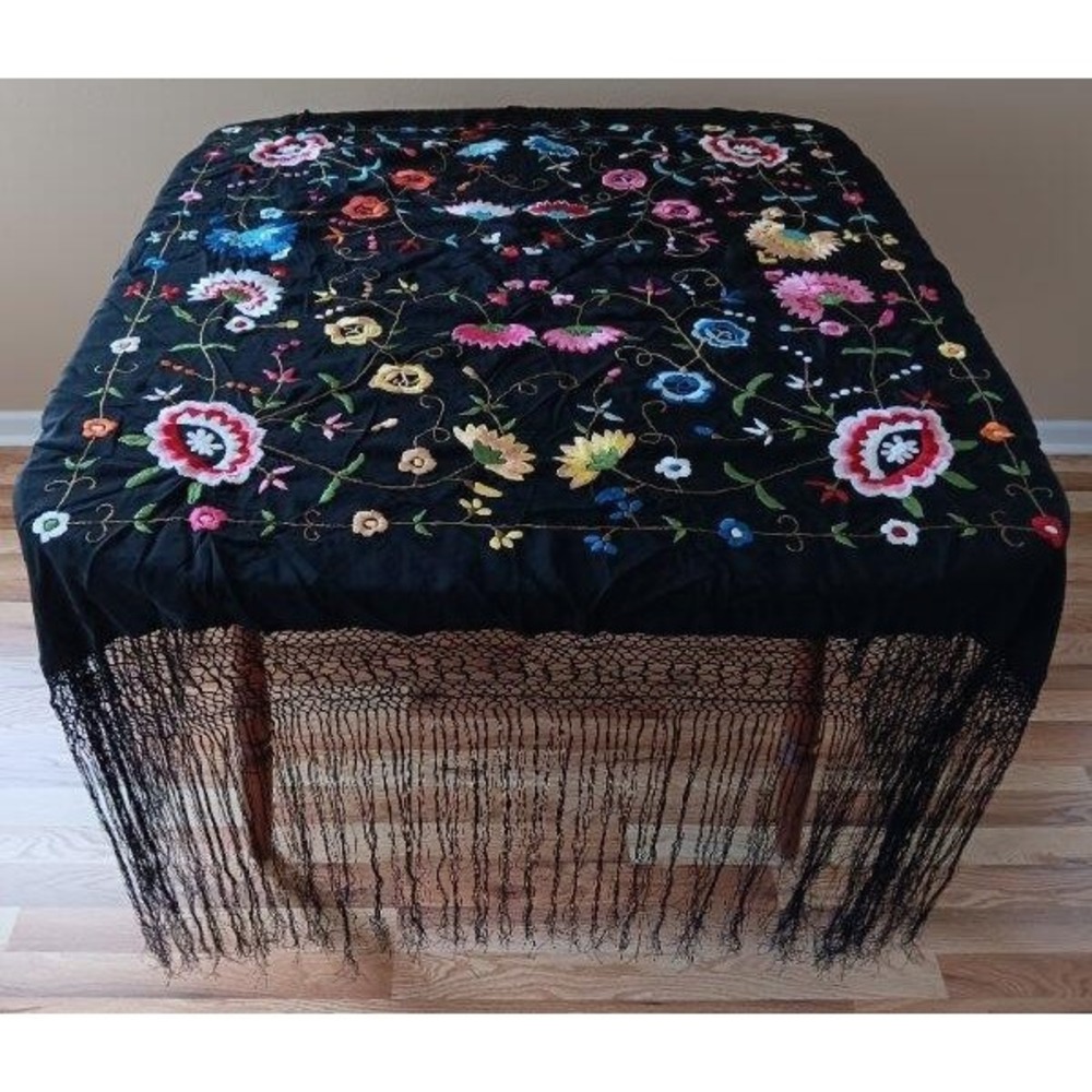 Large Vintage Jet Black Embroidered Canton Shawl Piano Scarf Hand Knotted Fringe